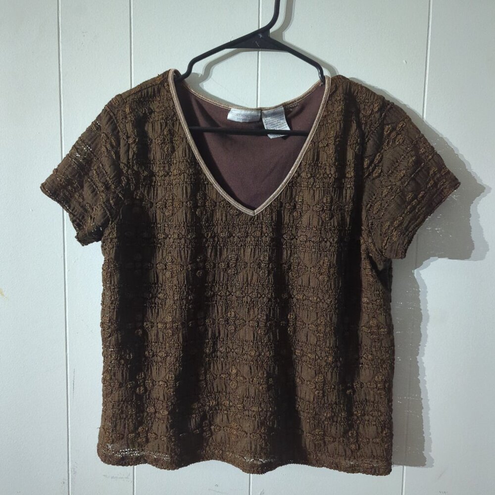 Worthington Brown Textured V-neck Short-Sleeved Women's Top - Size XL #IK